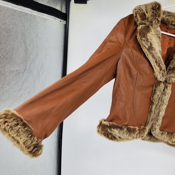 One Girl Who Brown Leather Y2K Western Fur Afghan Penny Lane Jacket Coat MobWife - Picture 9 of 13
